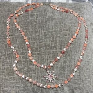 Pink Pearl Beaded Necklace with Pink Crystal Snowflake Pendant